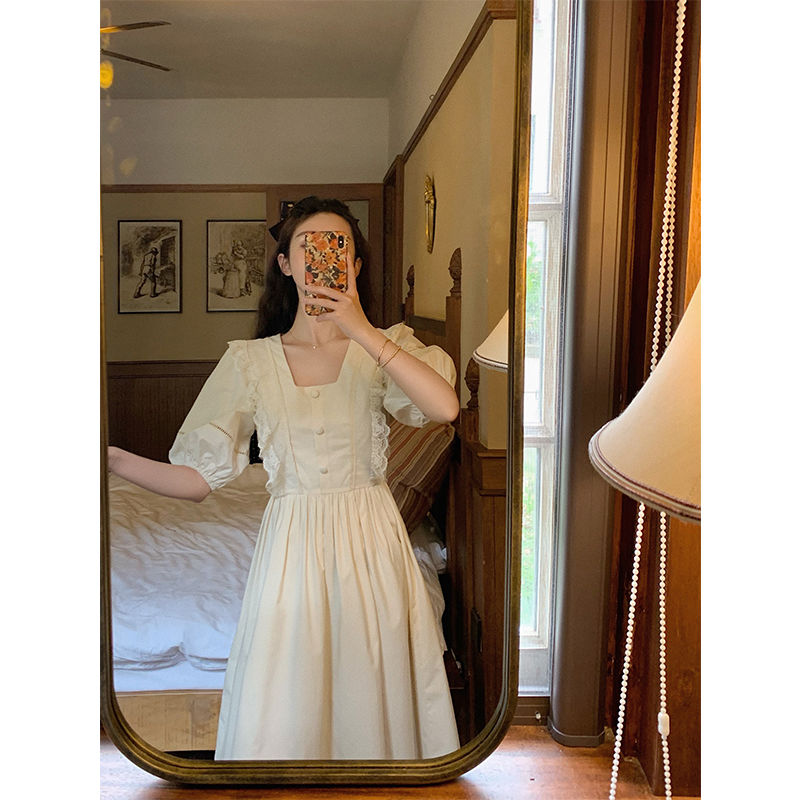 2020Summer New French Style Vintage Court Style Square Collar Dress Women's Bubble Sleeve Fairy First Love White Dress | BigBuy360 - bigbuy360.vn