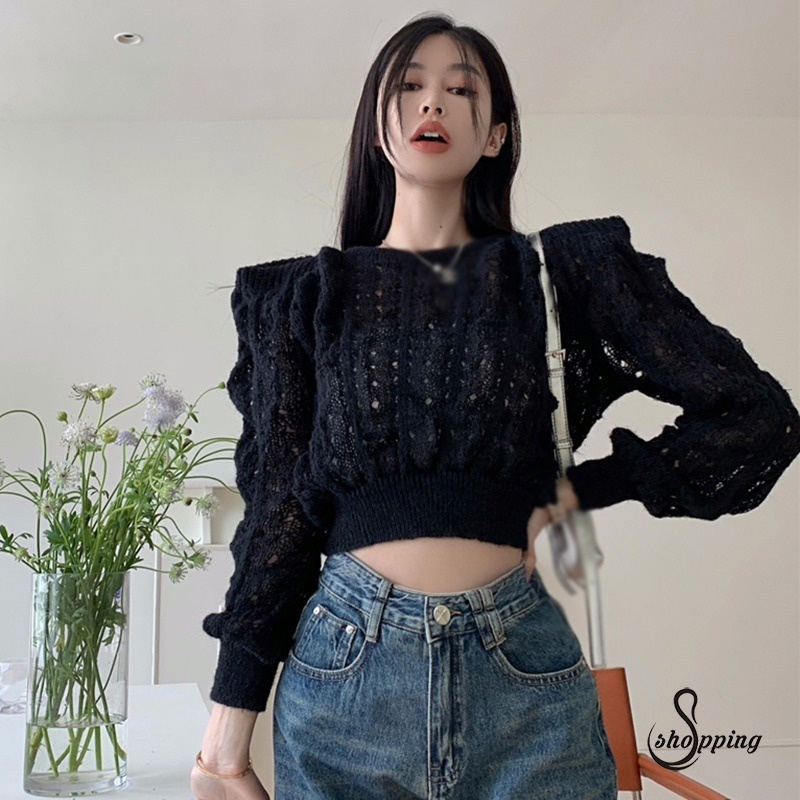Áo Len Tay Dài Phồng Cổ Tròn Thời Trang Cho Nữ