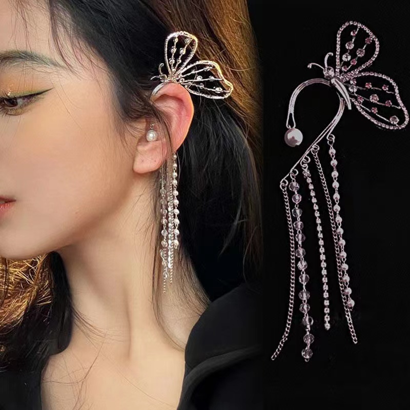 Khuyên Kẹp Vành Tai Không Xỏ Lỗ Phối Nơ Tua Rua Đính Đá Lấp Lánh Thời Trang Hàn Quốc
