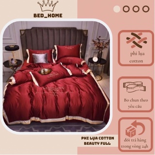 Bộ Chăn Ga Vỏ Gối Phi Lụa Best Beauty Phối Màu Đơn Sắc - Thêu Chữ Sang Trọng Hàng Nhập Khẩu