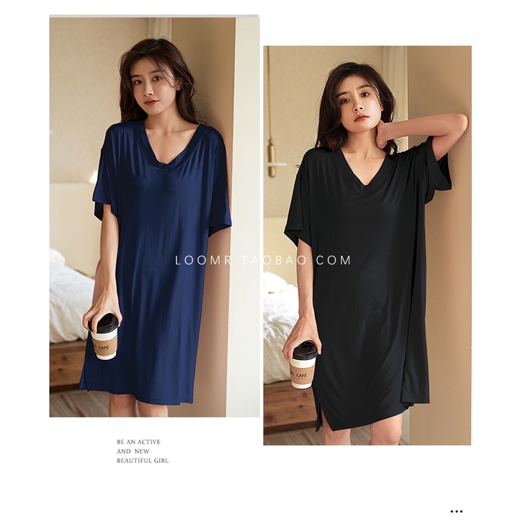 Váy xuông cộc tay cổ tim❤️ Icotton❤️ Đầm ngủ form rộng rãi mát mẻ cao cấp
