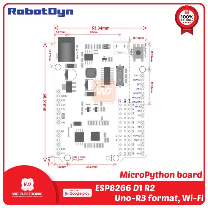 Bảng Mạch Vi Xử Lý Esp8266 D1 R2 Uno R3 Micro Phyton Wemos D1 R2