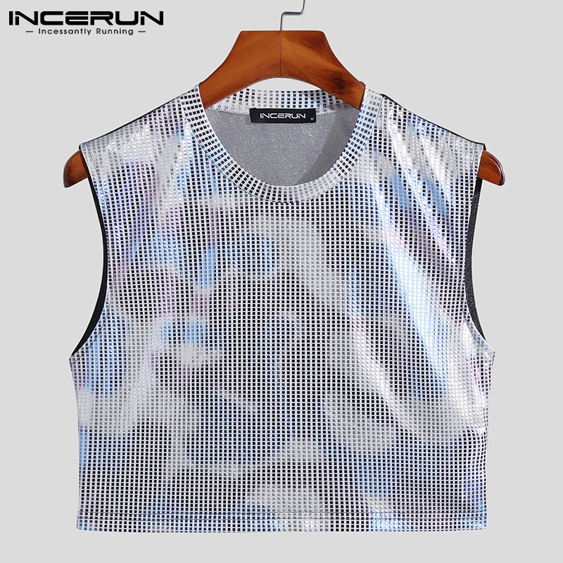 Áo croptop INCERUN sát nách cổ tròn đính kim sa lấp lánh thời trang dành cho nam