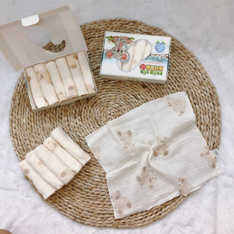 0Khăn sữa nhăn cao cấp Mipbi hộp 6 cái KT 30x30cm. Khăn sữa cho bé 100% sợi bông thiên nhiên theo tiêu chuẩn Châu Âu