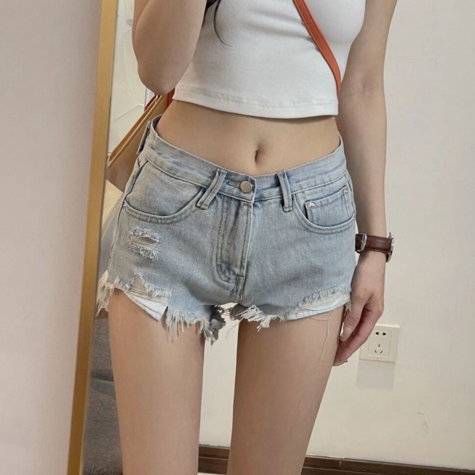 Quần short bò rách viền thô quần siêu ngắn ôm mông thon gọn cạp cao retro kiểu Mỹ mẫu mỏng mùa hè cho nữ