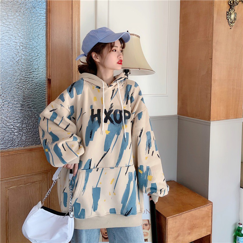 Áo hoodie nữ form rộng dài oversize loang quảng châu nỉ có mũ áo hoodie nữ form rộng học sinh đi chơi đi hoc TTJ140