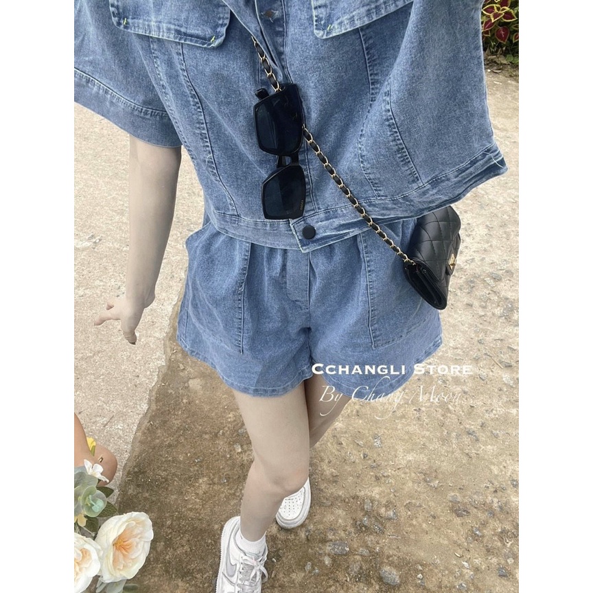 Set đồ nữ, áo croptop jean tay ngắn có cổ áo, quần short lưng chun - Tuệ Nhiên Fashion