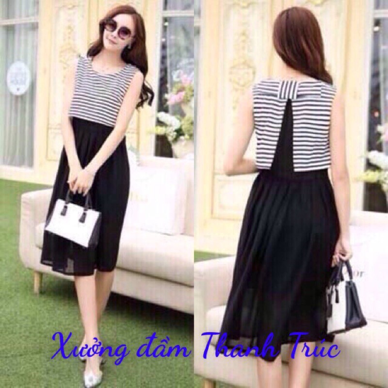 Đầm voan áo sọc nơ lưng M/L/XL/2XL _ kèm hình chụp thật phía sau