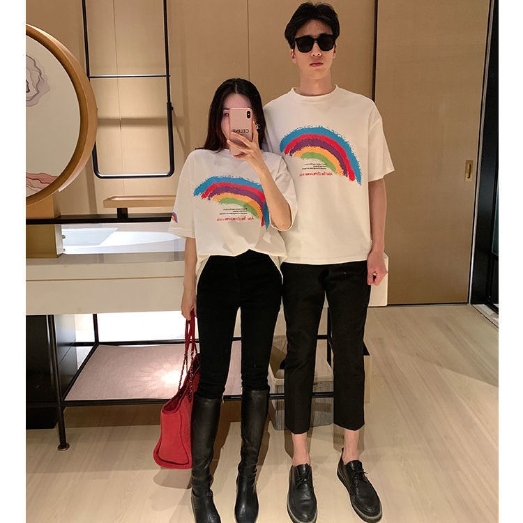 ☎✔Pure cotton couple mặc áo thun nam nữ ngắn tay năm 2021 cặp đôi mới quần học sinh rộng rãi mùa hè thủy triều