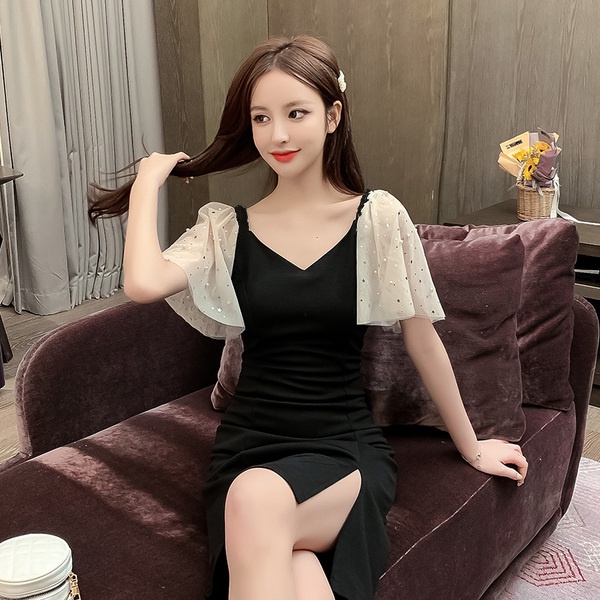 Đầm PERTY tay ngắn cổ chữ V thời trang Hàn Quốc xinh xắn dành cho nữ