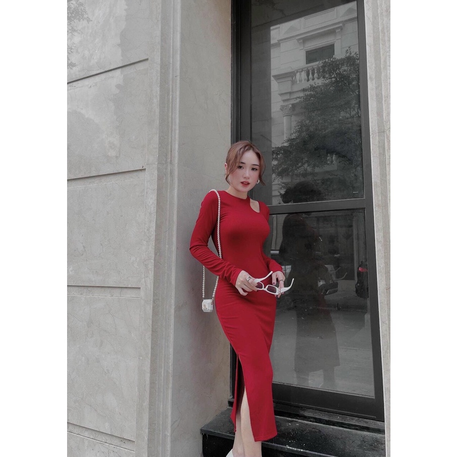 Đầm tay dài ôm body trơn kiểu khoét vai cực hot , chất thun gân mềm mịn