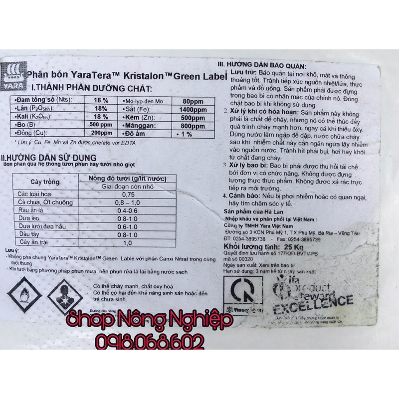 Phân bón Yara Kristalon Label 18-18-18+Micro combi 1kg
