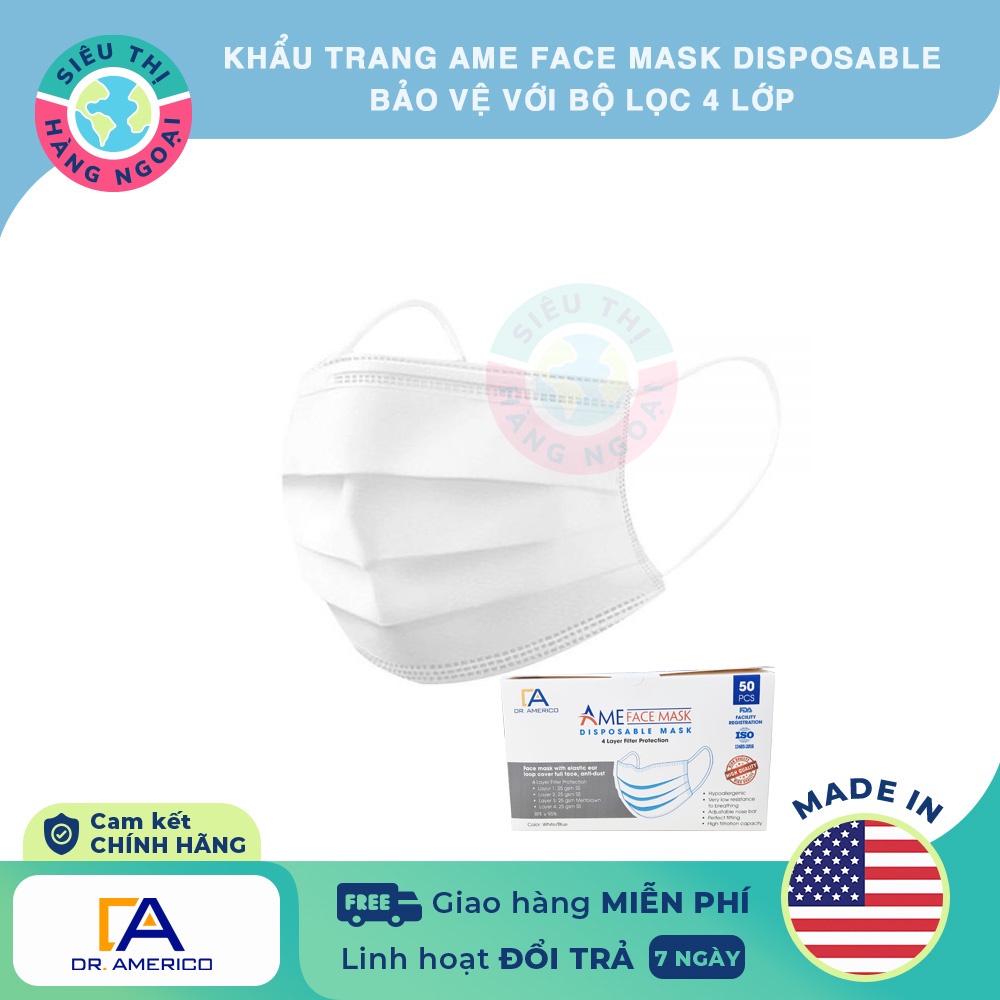 Khẩu trang Ame Face Mask Disposable 4 Layer Filter Protection [Bảo vệ với bộ lọc 4 lớp] USA Siêu Thị Hàng Ngoại