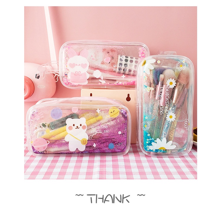 [Hàng mới về] Túi đựng mỹ phẩm sức chứa lớn chất liệu pvc trong suốt phối kim tuyến nước lấp lánh thiết kế dễ thương