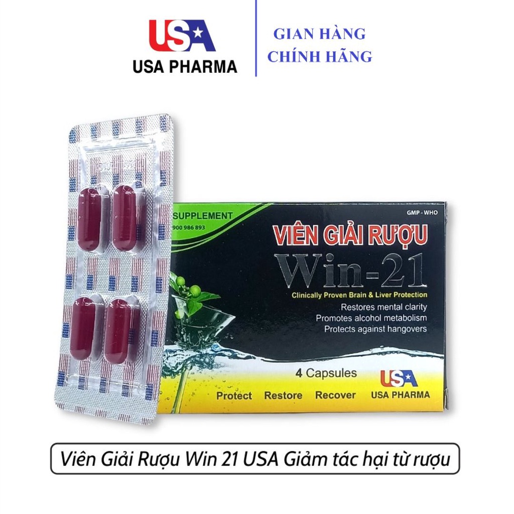 Viên giải rượu Win-21 USA hộp 4V, Uống 2 viên chống say trước khi uống rượu bia, Giúp giải rượu nhanh chóng giải độc gan