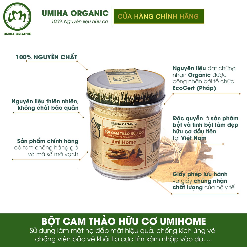 Bột Cam Thảo hữu cơ UMIHOME nguyên chất 135G - Mặt nạ trắng hồng da, sáng da, mịn màng, tẩy tế bào da chết, thâm mụn