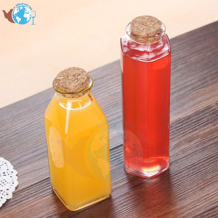 Combo 4 chai thủy tinh 350ml lục giác, tròn, nón, vuông nút gỗ , 4 chai thủy tinh đựng nước detox, nước trái cây