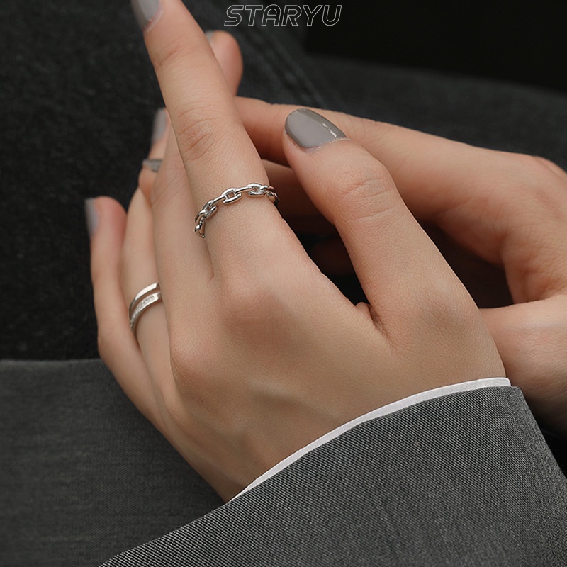 Nhẫn đeo ngón tay chuỗi xích/ hai lớp đính đá zircon nhân tạo mạ bạc 925 thời trang đơn giản dành cho nữ