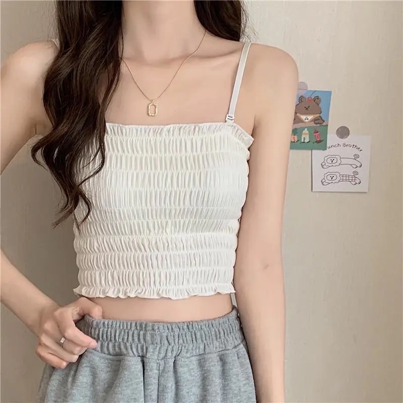 Áo Hai Dây Nhún Nữ Dáng Lửng Màu Trắng Đen Đỏ Nâu Chất Liêu Co Dãn Có Miếng Độn Ngực Chất Loại 1 Mặc Hàng Ngày