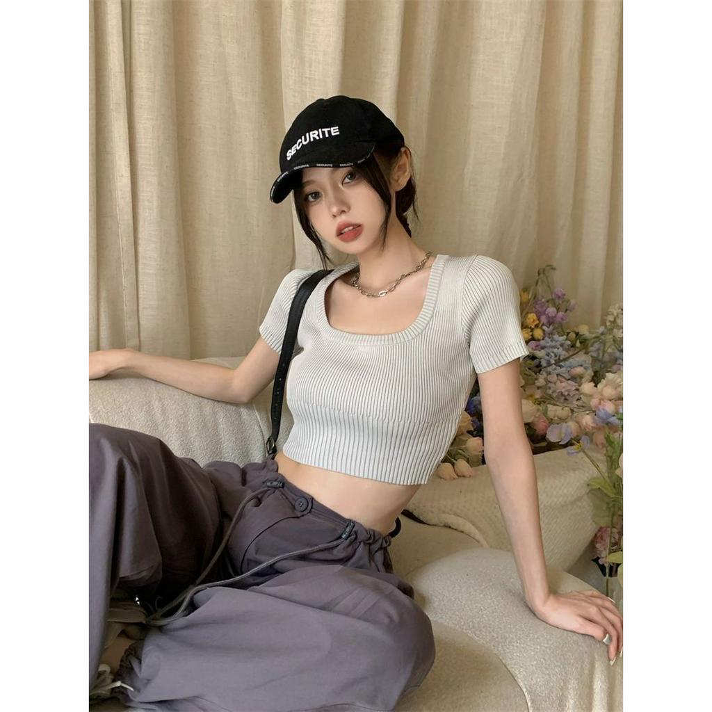 Áo Croptop Dệt Kim Tay Ngắn Cổ Vuông Dáng Ôm Thời Trang Quyến Rũ Cho Nữ