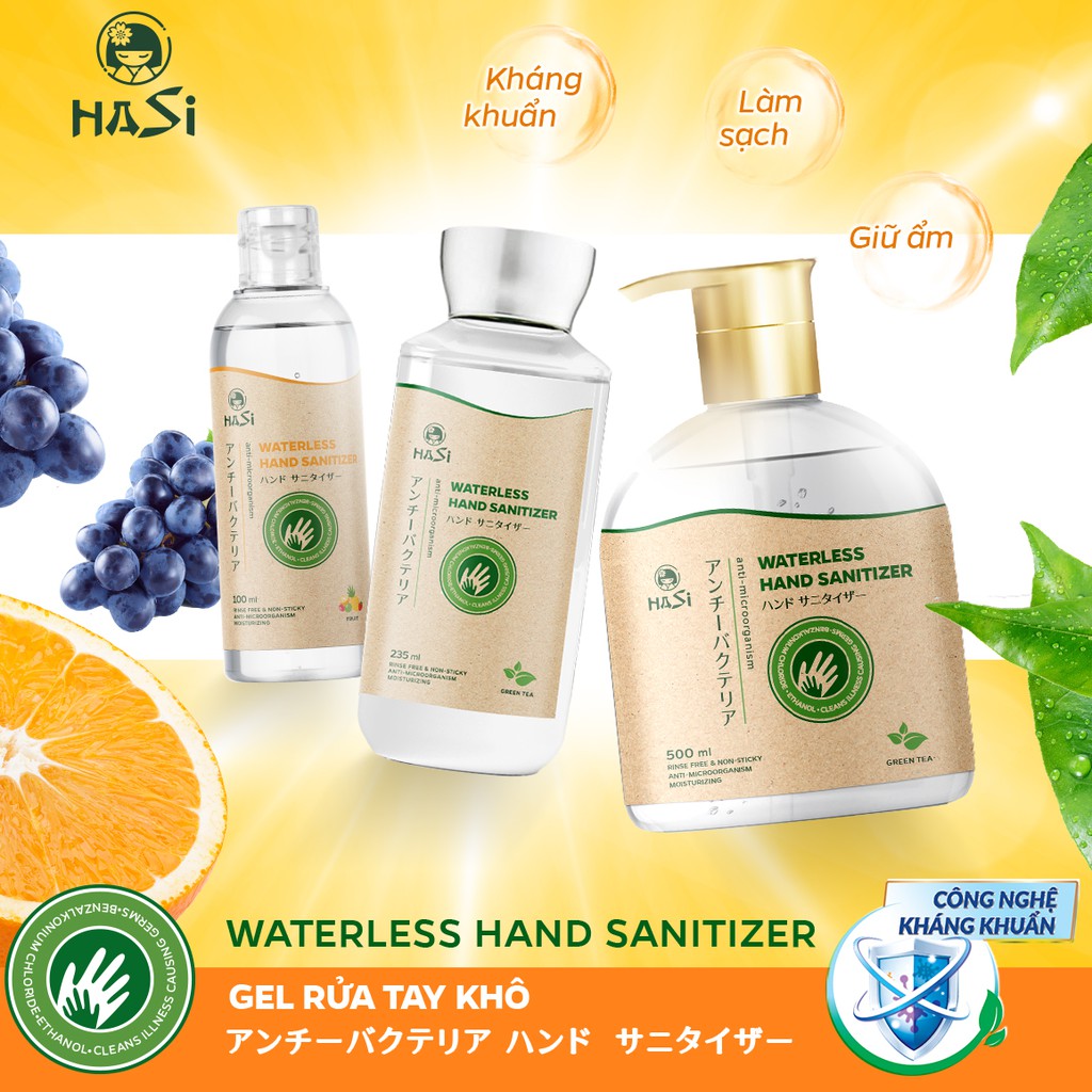 Nước rửa tay khô hương thơm trái cây/ trà xanh/ lavender sạch khuẩn Hasi 100ml
