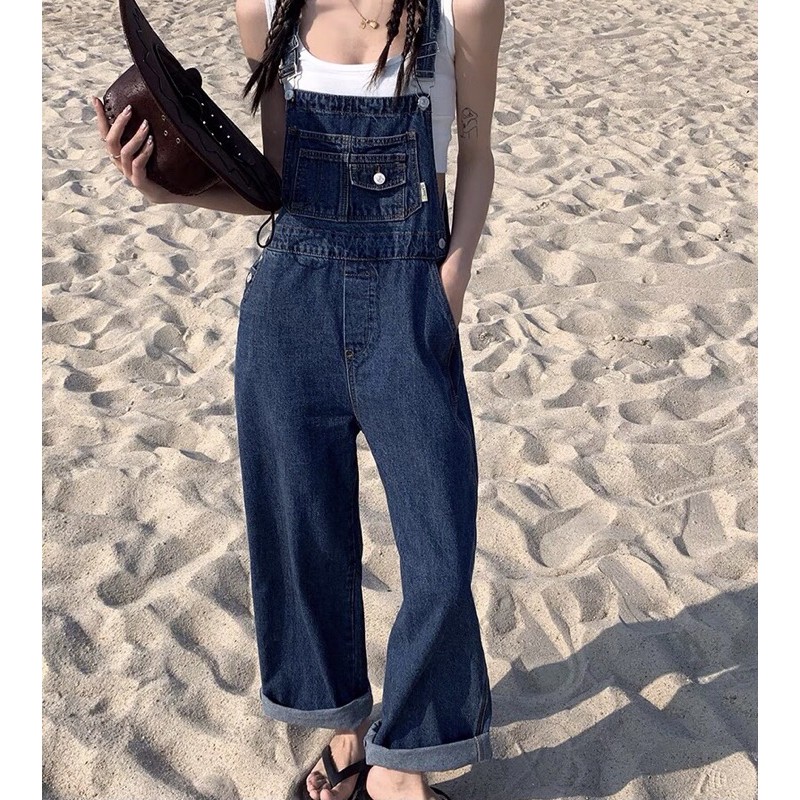 Quần yếm bò Ulzzang / yếm jeans ống rộng màu xanh đậm / quần yếm denim ống rộng | BigBuy360 - bigbuy360.vn