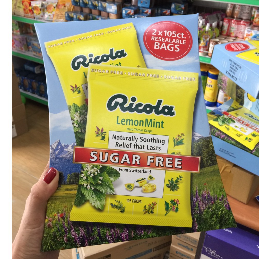 Kẹo Ricola Sugar Free Lemon Mint 105v - Kẹo Ngậm Thảo Mộc Hương Chanh Bạc Hà