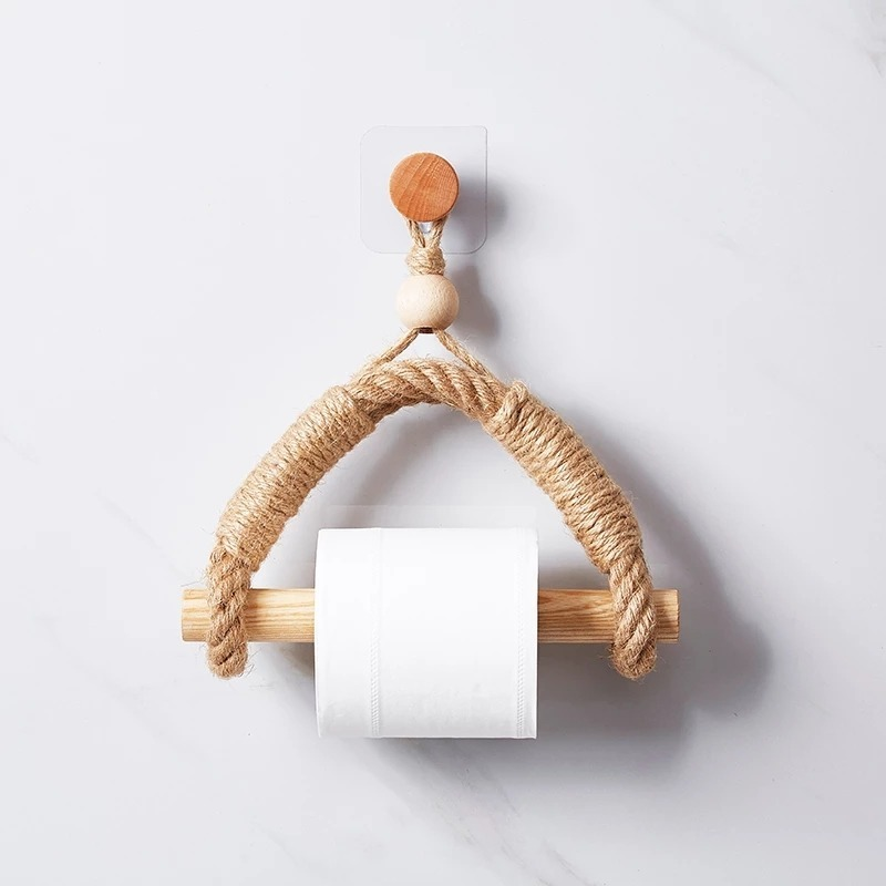 Japanese Style Hand-woven Lanyard Holder/ Vintage Hemp Rope Toilet Paper Holder/ Kitchen Wall-mounted Towel Storage Holder/ Bathroom Punch-free Roll Paper Holder