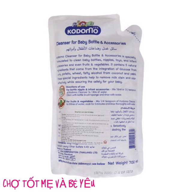 NƯỚC RỬA BÌNH SỮA KODOMO 700ML DẠNG TÚI