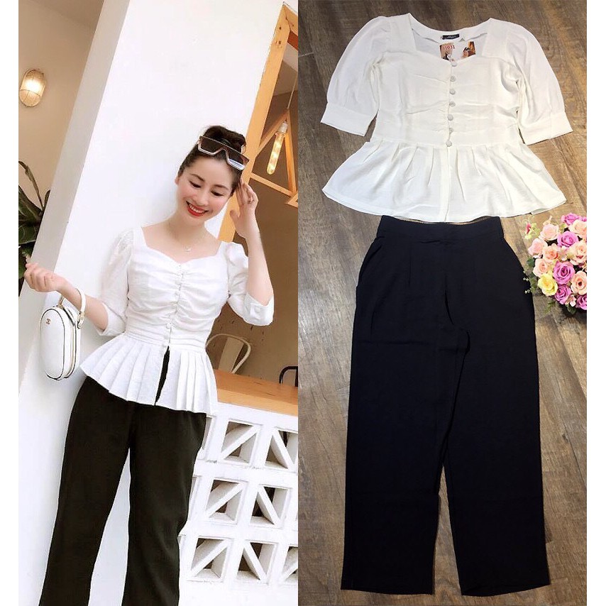 Đồ Bộ Nữ 🎁FREESHIP🎁 Set nguyên bộ áo peplum tà xếp ly phối nút bọc xinh xắn TJ1031