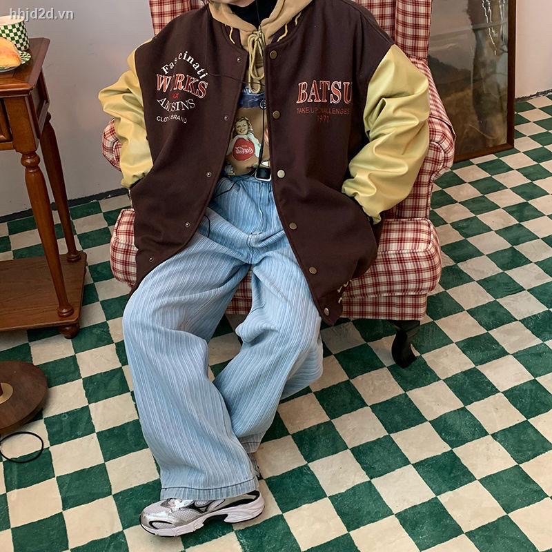 Áo khoác bóng chày tay da PU thêu chữ phong cách retro cho nam nữ