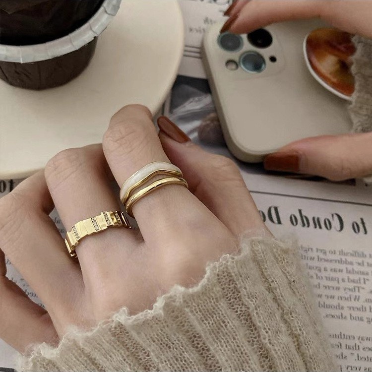 Nhẫn dạng hở hai lớp kim loại đính đá zircon đơn giản phong cách cổ điển 19A1435