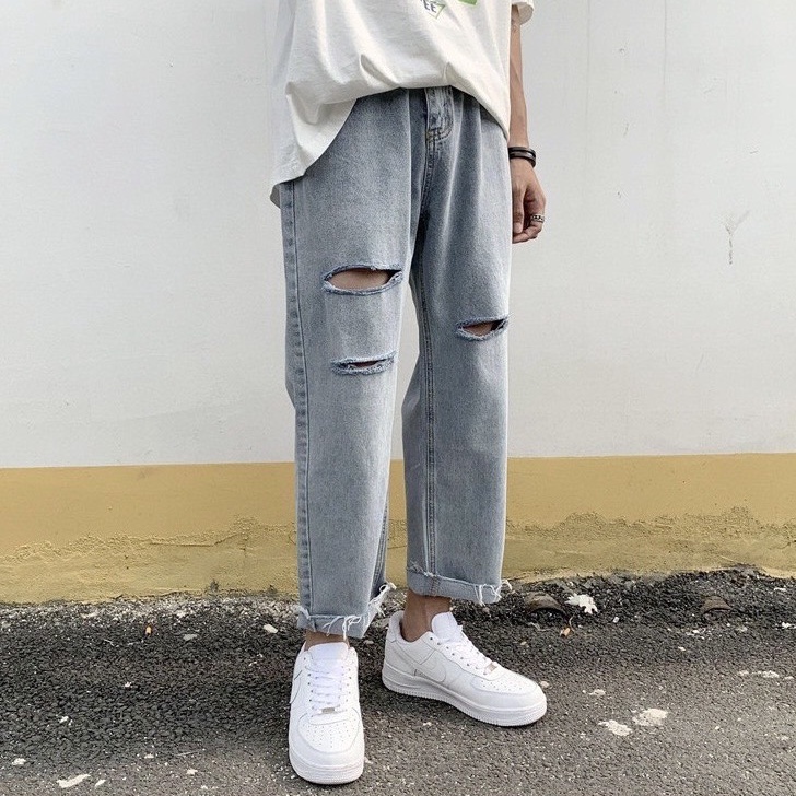 Quần baggy jean rộng rách gối , quần bò form rộng cá tính - phong cách trẻ  -Q16- cam kết Giặt không phai màu
