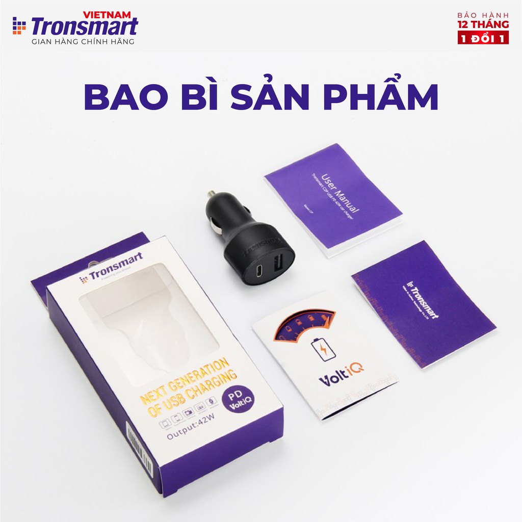 Tẩu sạc ô tô Tronsmart C2P 42W 2 cổng USB + USB TYPE C - Hàng chính hãng - Bảo hành 12 tháng 1 đổi 1