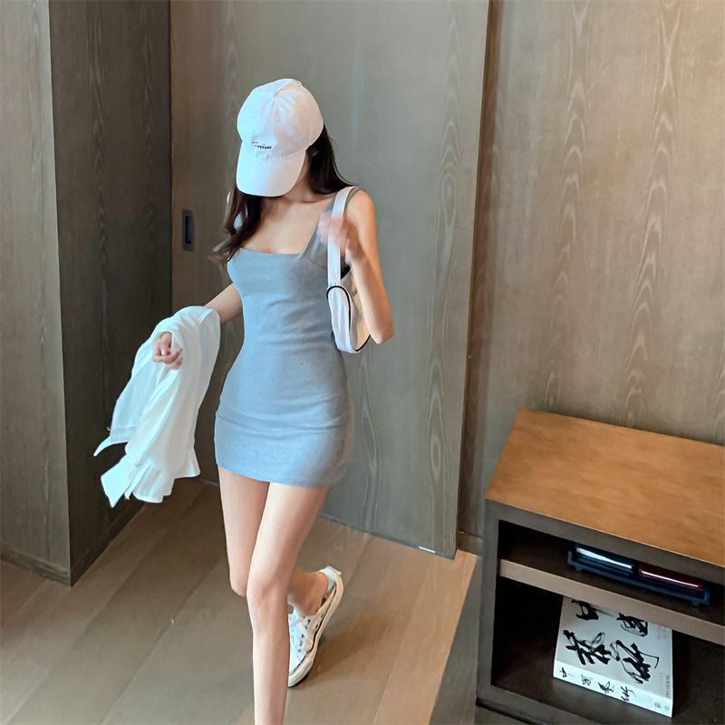 Đầm Ngắn Hai Dây Ôm Dáng Eo Thấp Màu Xám Đen Thời Trang
