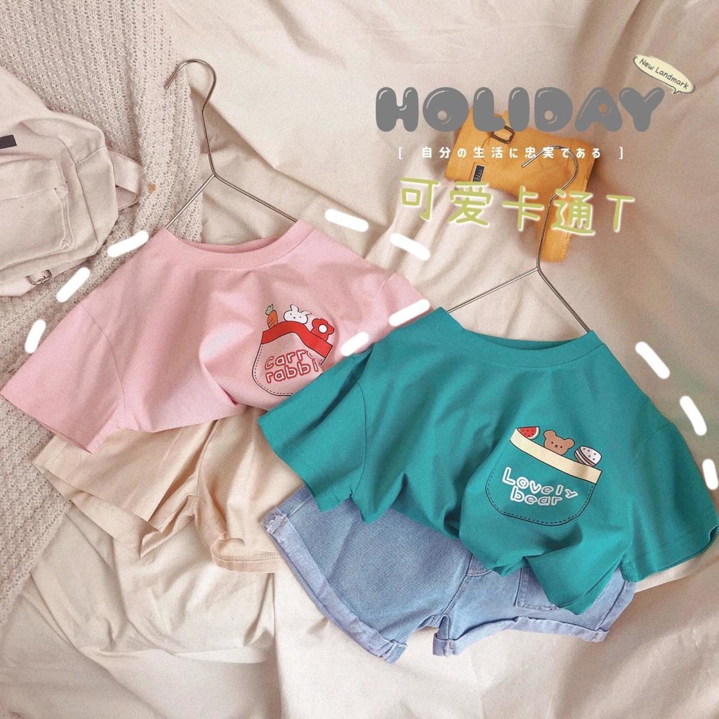 Áo Thun Tay Ngắn 100% Cotton In Họa Tiết Hoạt Hình Phong Cách Hàn Quốc Thời Trang Mùa Hè Cho Bé Trai Và Gái