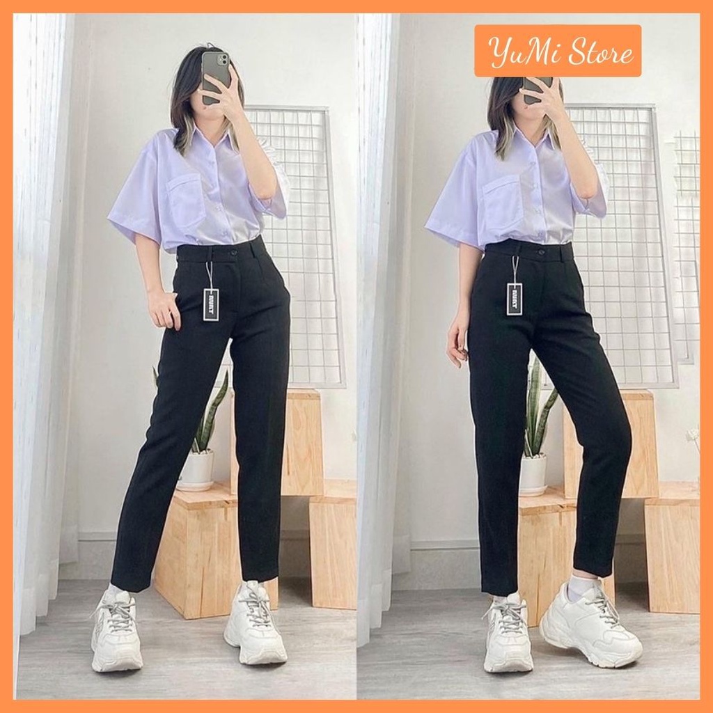 Quần tây nữ lưng cao đi học làm công sở ống đứng dài màu đen xanh vải dày YuMi Official Store Mã 09