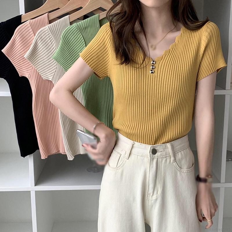 Áo thun dệt kim tay ngắn màu trơn cổ chữ V phong cách cá tính