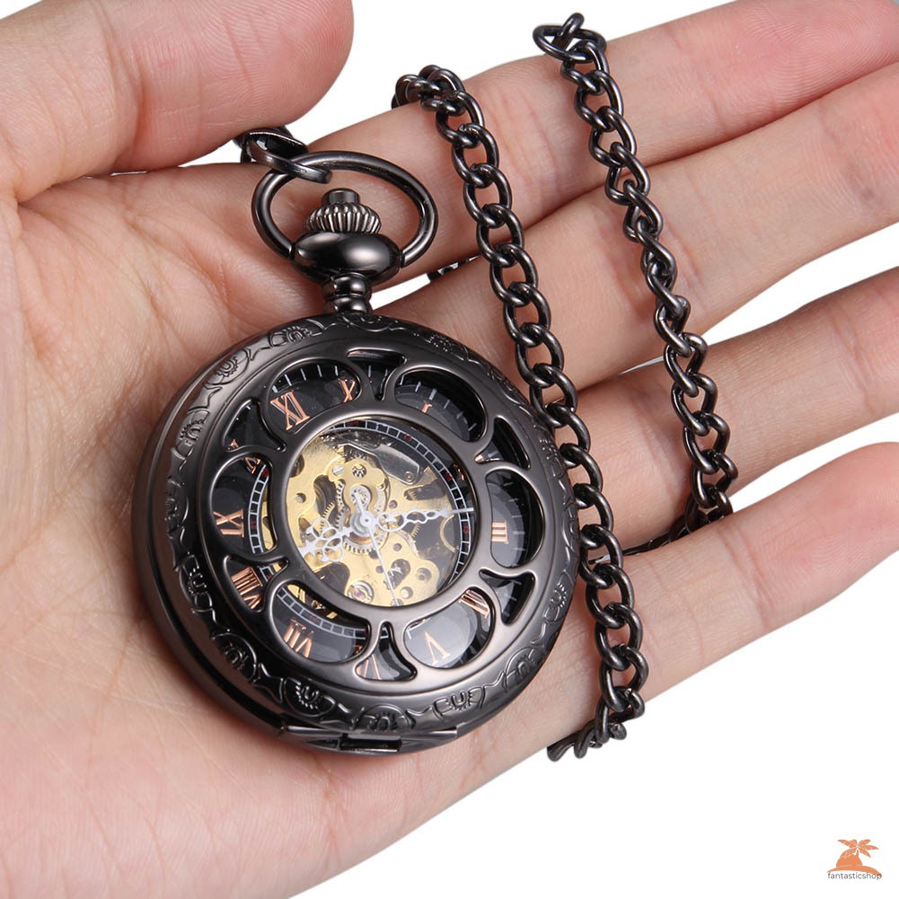 #Đồng hồ bỏ túi# Men Women Quartz Pocket Watch Black Hollow Petal Carved Case with Chain