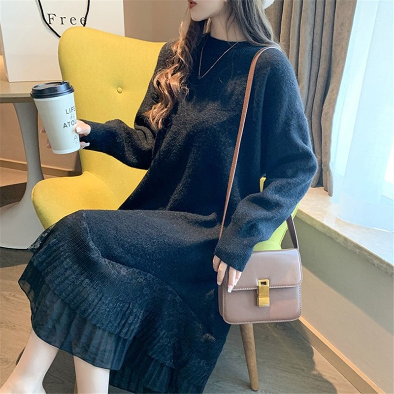 Đầm len dáng dài xoè chân rộng phối voan nhung