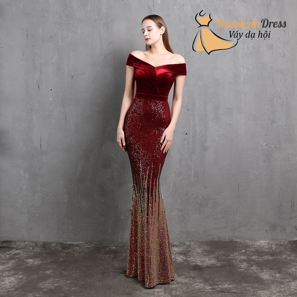 Đầm dự tiệc váy dạ hội nữ kim sa cao câp thiết kế trễ vai eo kết cườm hoa phối lưới điệu đà sang chảnh