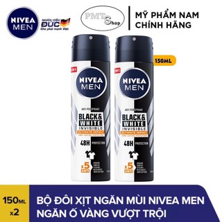 Combo 2 Xịt Ngăn Mùi Dành Cho Nam Nivea men Invisible 5in1 Black & White 150ml x 2 chai chống ố áo