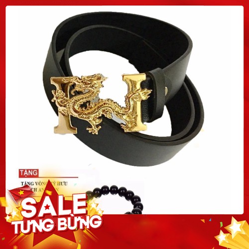 -Hàng nhập khẩu Dây nịt nam,thắt lưng da cao cấp mặt mạ vàng chạm rồng bay chữ H cá tính - Tặng vòng tỳ hưu tài lộc Liên