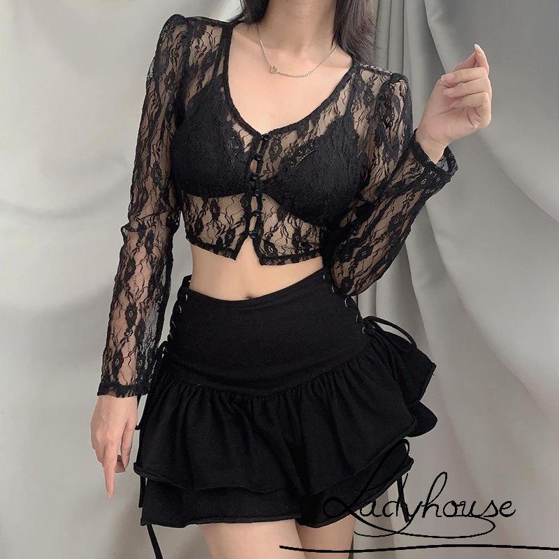 Áo kiểu croptop tay dài cổ chữ V phối ren phong cách vintage quyến rũ thời trang dành cho nữ