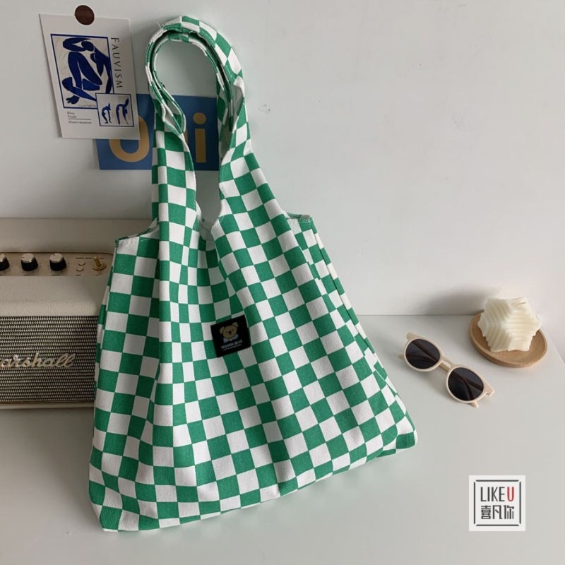 Túi tote đeo vai IELGY vải canvas họa tiết bò sữa/ caro đơn giản sức chứa lớn cho nữ