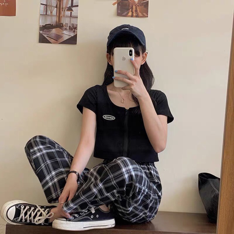 Quần Kẻ Nữ Ống Rộng Cạp Chun Caro Lưng Cao Dáng Rộng Ống Suông Vải Dày  Màu Hot Hit
