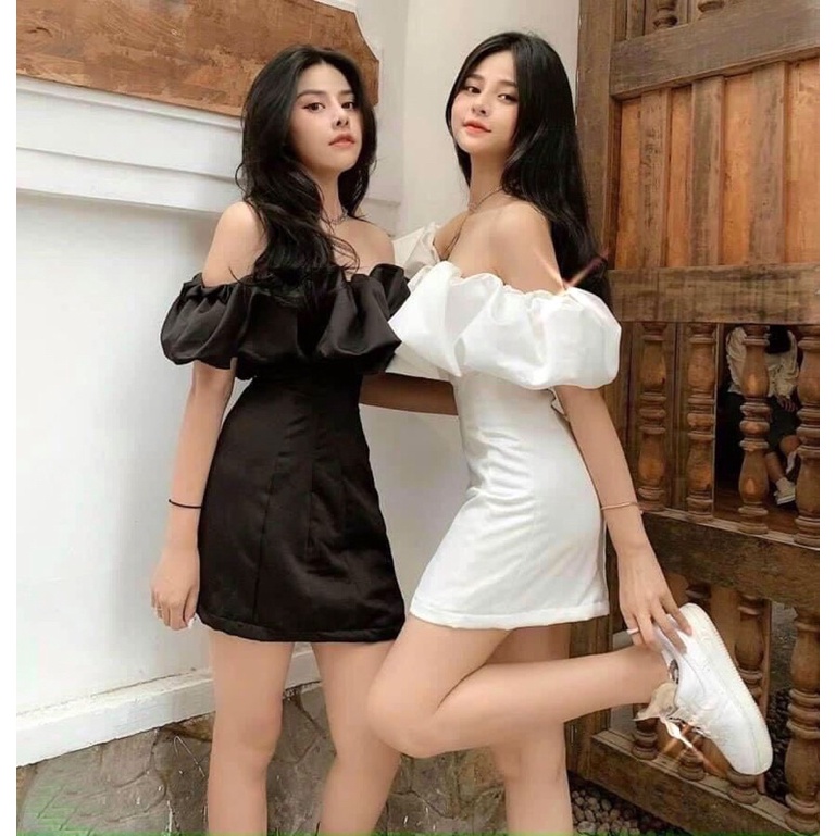 Váy body tay bồng 2 màu đen trắng siêu hot, Bán giá sỉ