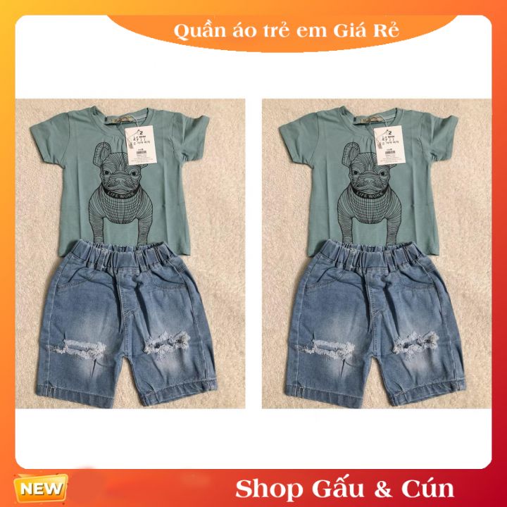 Bộ quần áo cộc tay cho bé trai quần bò á phông in hình chú chó màu xanh ghi 8-18kg