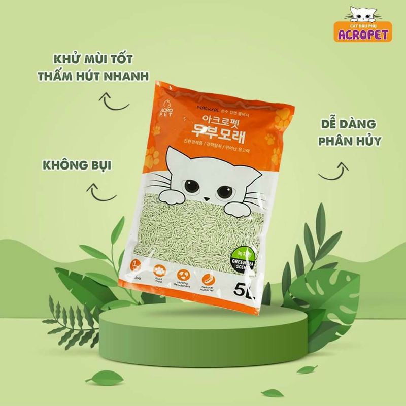 Cát vệ sinh đậu nành Acropet cho mèo và hamster, Cát xả bồn cầu MÙI TRÀ XANH