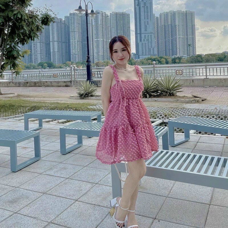 Đầm xòe hai dây nơ lưng có mút xinh xắn